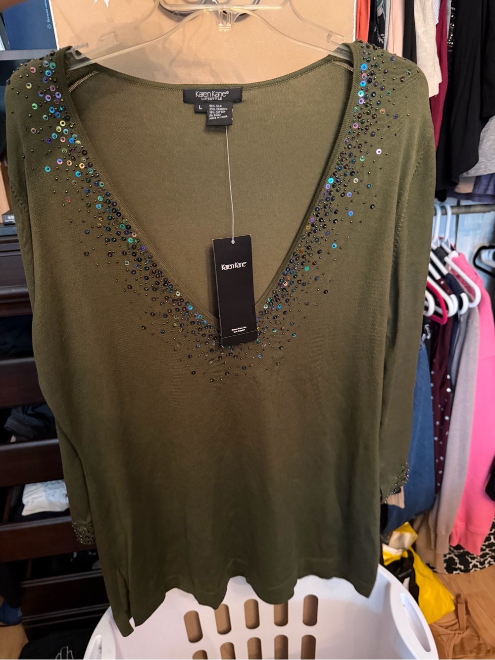Karen Kane Olive Green Knit Top with Subtle Sheen - Picture 5 of 8